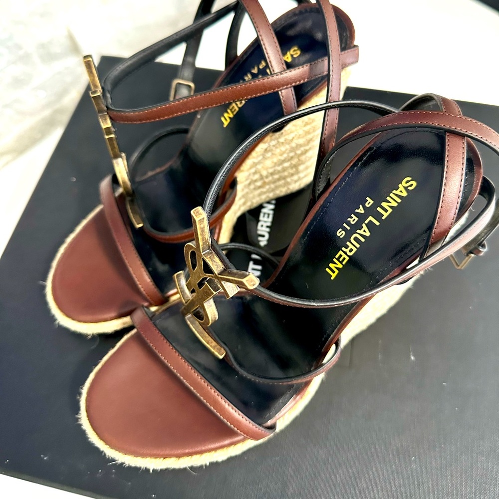 YSL Cassandra Wedge Espadrilles Brown And Natural